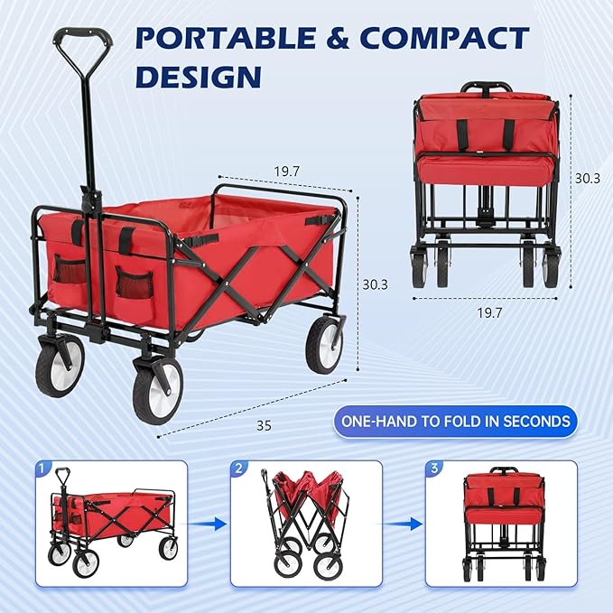 FDW 39''L Collapsible Wagon Cart, Heavy Duty Utility Folding Wagon for Outdoor Sports, 330 LBS Weight Capacity, Camping, Garden, and Shopping, Red