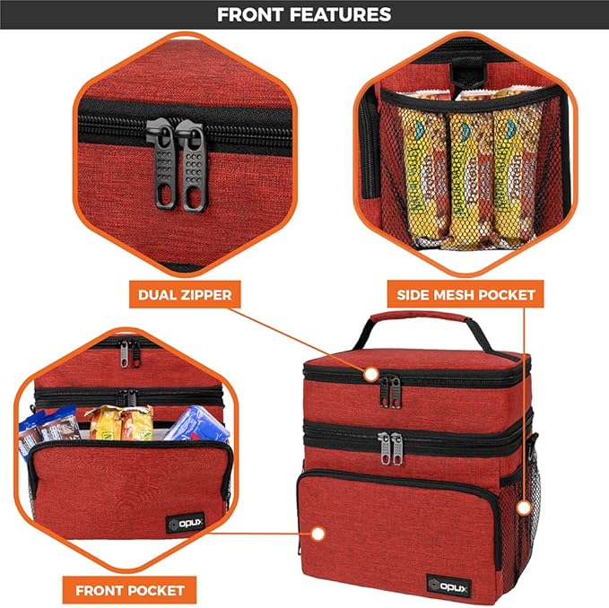 opux Insulated Lunch Bag for Men Women, Large Dual Compartment Cooler Bag, Soft Two Deck Lunch Box for Work School Picnic, Leakproof Lunch Tote with Shoulder Strap for Kid Adult (Red, Double Deck)