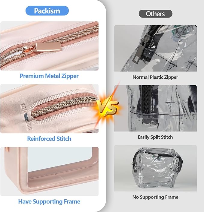 PACKISM TSA Approved Toiletry Bag - 3 Pack Upgrade Color-Edged Clear Makeup Bag, Clear Toiletry Bag For Traveling Fits Various Storage Needs, Pink