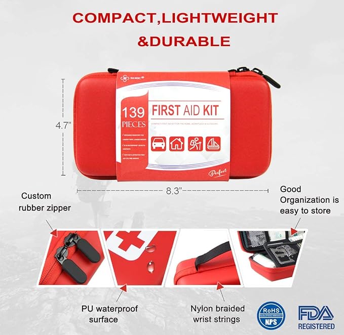 SHBC Compact First Aid Kit (139 Piece) Adventure Medical Kits Waterproof- Includes Emergency Blanket, Fire Starter, Compass, Wire Saw for Survival, Home, Car, Camping, Hiking, Hunting, Sport