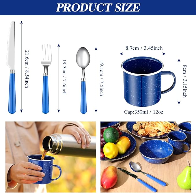 Nuogo 12 Pcs Enamel Camping Tableware Set Camping Complete Dinnerware Kit Coffee Mugs Plates Bowls Utensils Set with Knife Fork Spoon for 2 People Hiking Picnic(Blue)