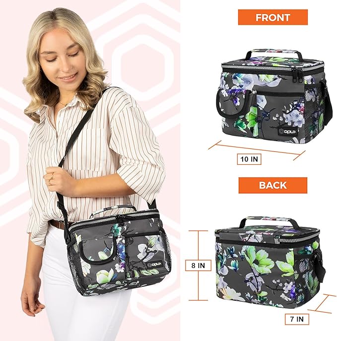 opux Insulated Lunch Bag for Men Women, Leakproof Floral Grey Lunch Box for Work, Portable Soft Lunch Cooler Bag with Shoulder Strap, Adult Lunchbox Lunch Pail for Kid Boy Girl School, 14 Can/8L