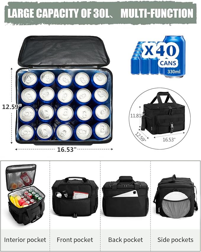 JOYHILL Lunch Box for Men, 40 Cans Large Insulated Lunch Bag, Leakproof Portable Cooler Bag with Shoulder Strap for Camping, Beach, Outdoor, Picnic, Food Delivery 30L,Blue