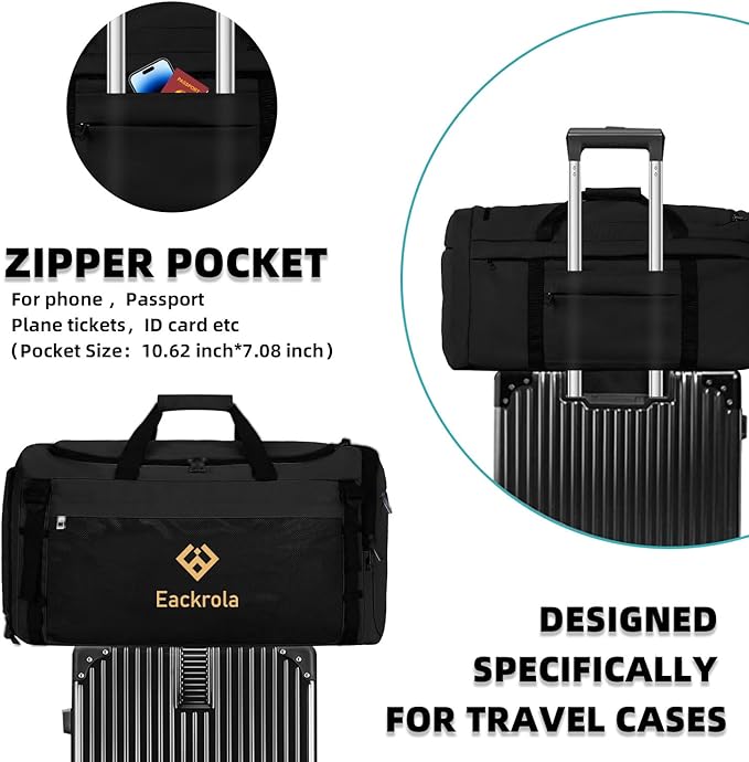 Eackrola Extra Large Sports Gym Bag, Travel Duffel bag with Wet Pocket & Shoes Compartment for men women, 85L, Lightweight （Black）