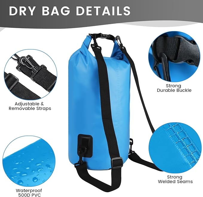 Waterproof Dry Bag, Roll Top Lightweight Waterproof Bag for Men Women 5L/10L/20L Dry Bags for Kayaking, Rafting, Beach, Boating, Swimming & Skiing Dry Waterproof Backpack - 10L