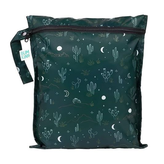 Bumkins Waterproof Wet Bag for Baby, Travel, Swim Suit, Cloth Diapers, Pump Parts, Pool, Beach, Gym Clothes, Toiletry, Hook to Stroller, Daycare, Zipper Reusable Wetdry Packing, Starry Cactus Dk Green
