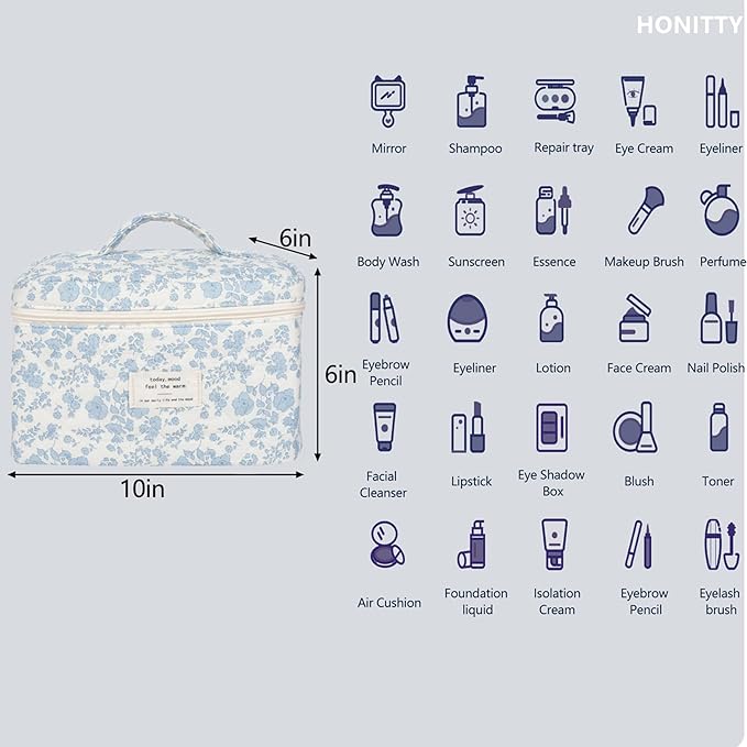 Makeup Bag,Quilted Cosmetic Bags,Large Floral Make Up Bags for Women, Makeup Organize,Flower Travel Toiletry Bag