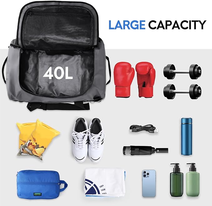 Haimont Mens Duffle Backpacks for Traveling, Convertible Gym Duffel Bag with Backpack Straps, Camping, Overnight Trip, Weekend, Sports Gear Carry-on Bag for Women, Hiking, 40L, Grey