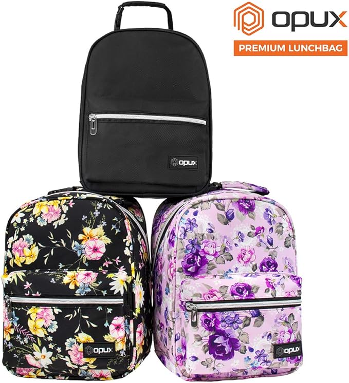 opux Lunch Box for Girls Boys Kids, Insulated Leakproof Lunch Bag, Reusable Teen Lunch Boxes for School, Medium Large lunchbox for Women Men Adult for Work with Front Back Pocket (Black)