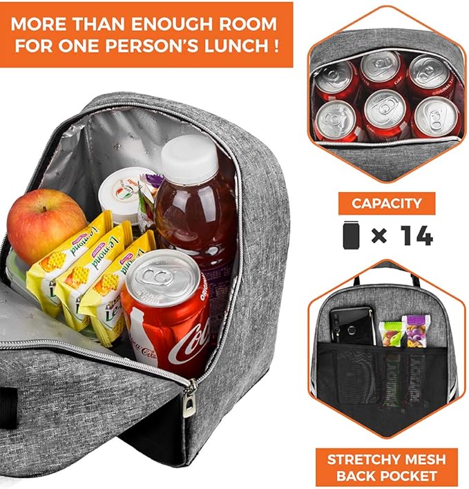 opux Lunch Box for Girls Boys Kids, Insulated Leakproof Lunch Bag, Reusable Teen Lunch Boxes for School, Medium Large lunchbox for Women Men Adult for Work with Front Back Pocket (Gray)