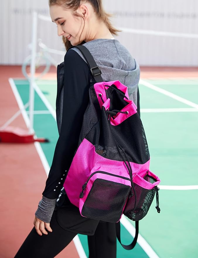 Lohol Large Mesh Drawstring Backpack with Shoe Bag, Durable Swimming String Sack with Handle for Sports Gym Yoga Beach Travel