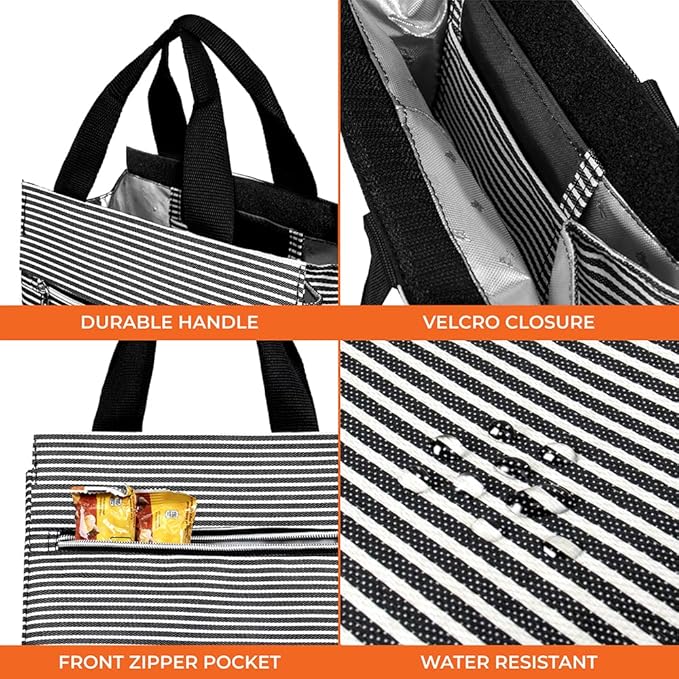 opux Lunch Bag for Women, Insulated Lunch Box Tote for Girls Kids Adult School Work, Reusable Womens Lunch Tote for Office Travel, Cute Small Lunch Tote, Fits 12 Cans - Stripe Black
