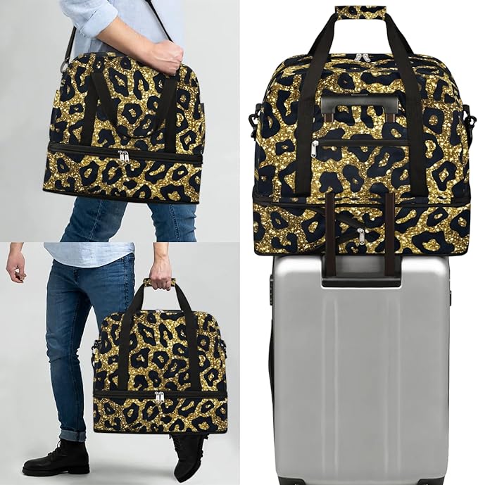 cfpolar Woman Travel Duffel Bag Gold Sequin Leopard Print Foldable Tote Carry On Luggage Sports Gym Bag With Shoe Compartment Overnight Weekend Yoga Workout Bag Training Handbag