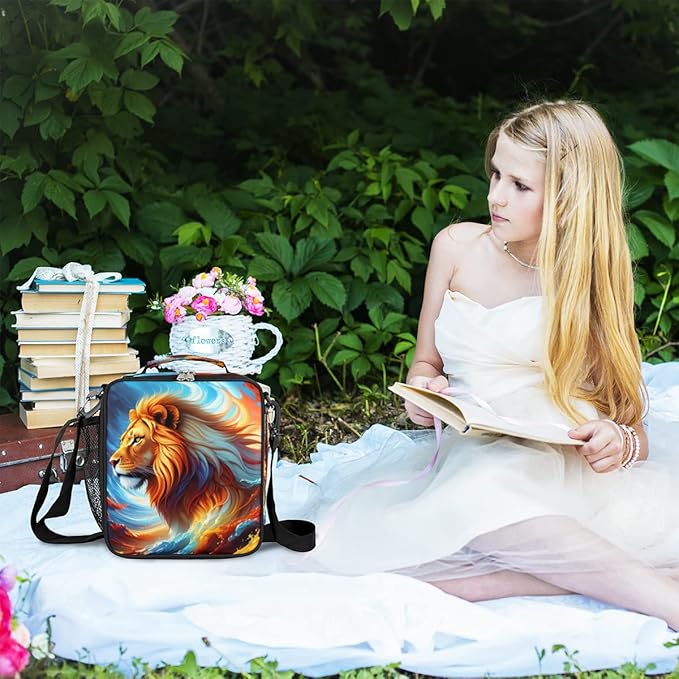 Lion Colorful Ocean Wave Art Animal Boys Lunch Box, Reusable Insulated Waterproof With Adjustable Shoulder Strap, Thermal Cooler Tote Bag for School, Daycare, Picnic