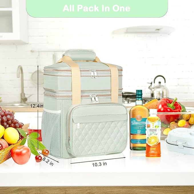 GLENKEY Expandable Lunch Box for Women, Double Deck Large Insulated Lunch Bag Leakproof Soft Cooler Bags Lunch Cooler for Adults Work Office Flight Travel, Green