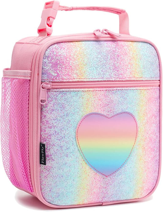 FlowFly Kids Lunch box Insulated Soft Bag Mini Cooler Back to School Thermal Meal Tote Kit for Girls, Boys, Glitter-RainBow