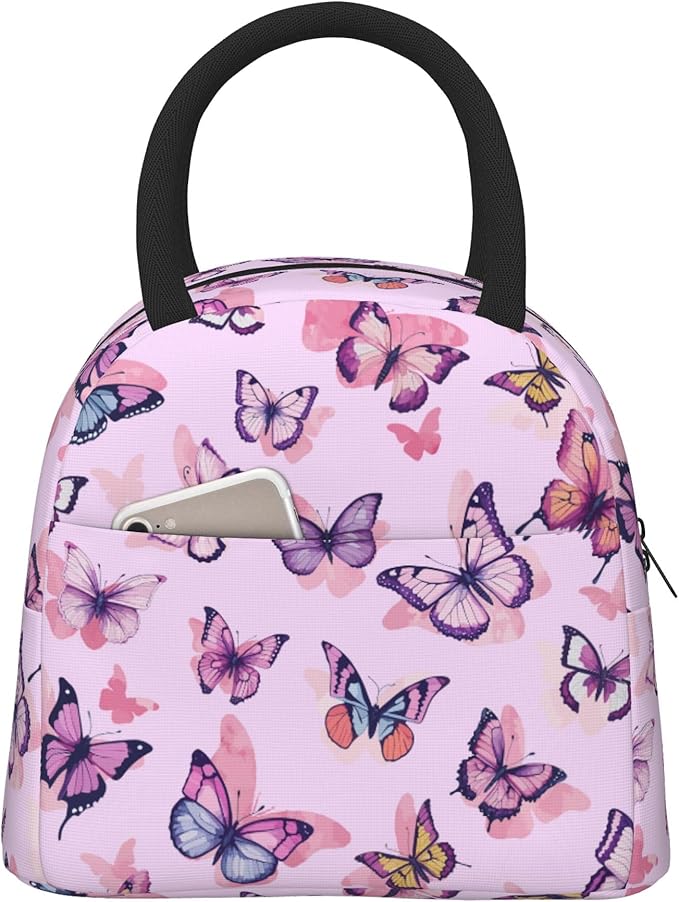 Pink Butterfly Lunch Bag Lunch Box for Women Men Boys Girls, Reusable Insulated Lunch Tote Bag, Leakproof Thermal Cooler Sack Food Handbags High Capacity for Work School Picnic Camping Gifts
