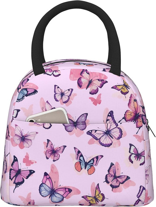 Pink Butterfly Lunch Bag Lunch Box for Women Men Boys Girls, Reusable Insulated Lunch Tote Bag, Leakproof Thermal Cooler Sack Food Handbags High Capacity for Work School Picnic Camping Gifts