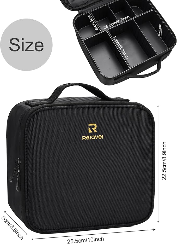 Relavel Makeup Bag, Makeup Organizer Bag Travel Train Case Portable Cosmetic Artist Storage Bag with Adjustable Baffle for Makeup Brush Jewelry (Black)
