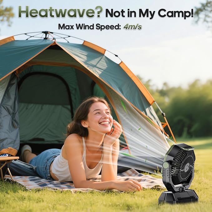 AJVV Camping Fan Rechargeable, Battery Powered Fan With Remote Controller, LED Light, Dual-Blade, Stepless Speed, 45°/90°/270° Swing,Timer, Portable fan For Travel Tent Bedroom Beach Fishing, Green