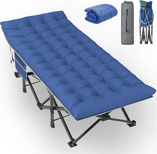 Slendor Oversized XXL Camping Cot, Folding Cot for Adults, 79" L x 32" W x 19" H Sleeping Cot with Mattress, Carry Bag, Camp Cot Bed for Travel, Guest, Support 500lbs, Blue Cot+ Blue Pad