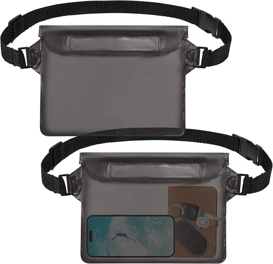 2-Pack Waterproof Pouch with Adjustable Waist Strap, Waterproof Dry Bag, Keeps Cell Phones and Valuables Safe and Dry, Perfect for Kayaking, Beach, Camping and Swimming (Black)