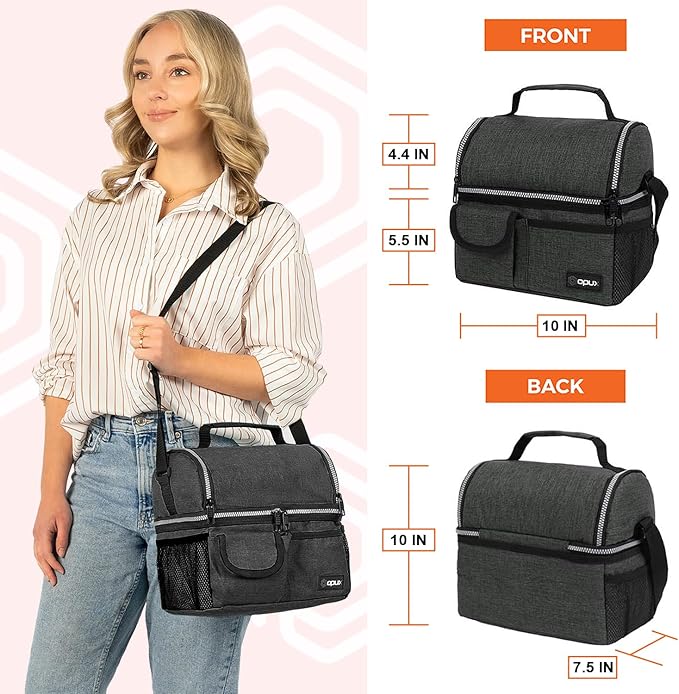 OPUX Lunch Box for Men, Adult Lunch Box Cooler, Insulated Lunch Bag Women, Dual Compartment Lunchbox for Work, Leakproof Double Decker Lunch Bag, Soft Lunch Pail Tote Boys Girls Kids School, Dark Gray