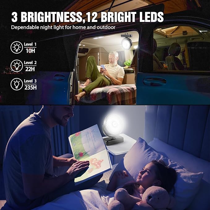 Portable Camping Fan with LED Lantern- 40H Work Time Rechargeable Battery Operated Fan with Hanging Hook for Tent Car RV Hurricane Emergency Outages Survival Kit
