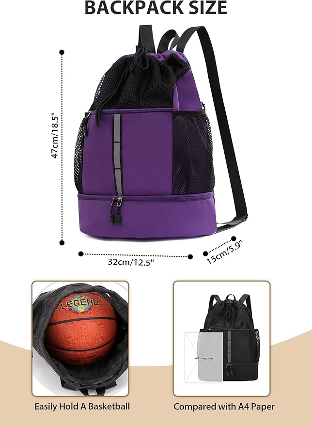 U.helper Waterproof Gym Drawstring Backpack, Sports Sack with Shoes Compartment & Wet Pockets for Ball/Beach/Swim Training (Purple)