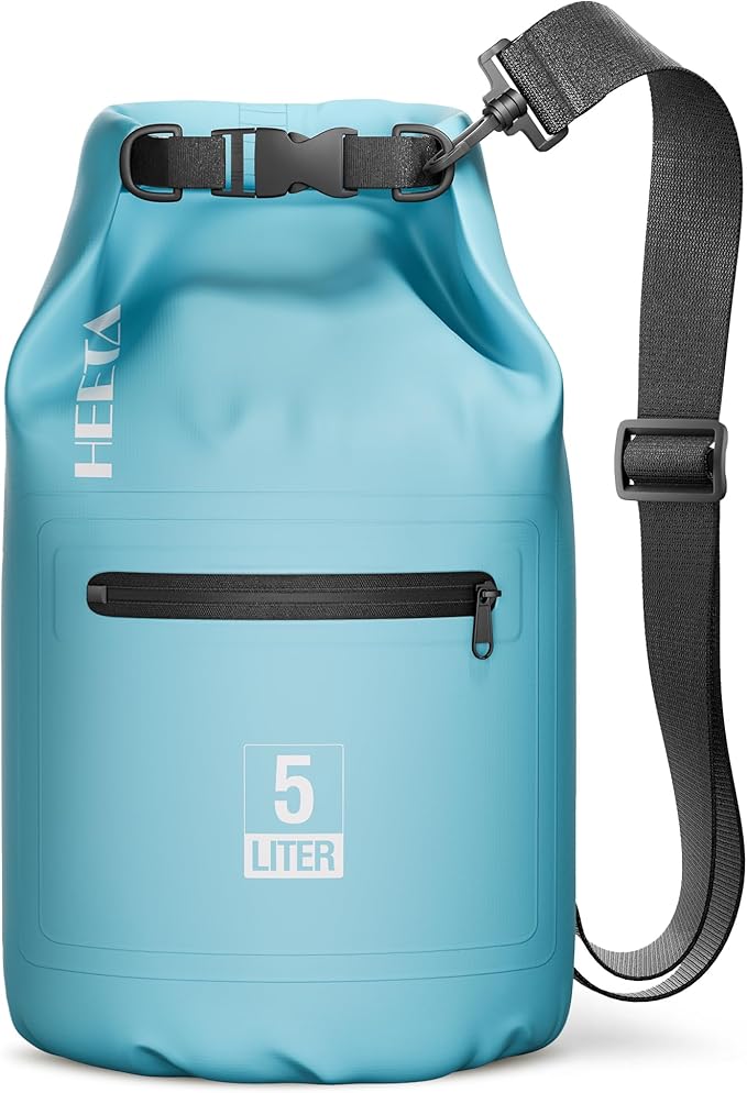 HEETA Waterproof Dry Bag with Front Zippered Pocket for Women Men, 5L/10L/20L/30L/40L Roll Top Lightweight Dry Storage Bag Backpack for Travel, Kayaking, Boating, Rafting, Camping, Hiking & Beach