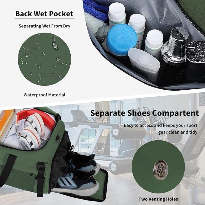 Eackrola Extra Large Sports Gym Bag, Travel Duffel bag with Wet Pocket & Shoes Compartment for men women, 85L, Lightweight （Green）