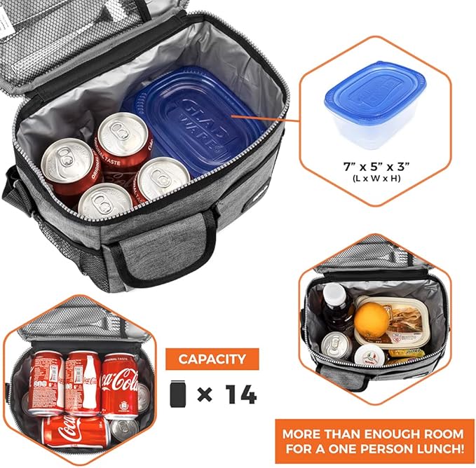 opux Insulated Lunch Bag for Men Women, Leakproof Heather Gray Lunch Box for Work, Portable Soft Lunch Cooler Bag with Shoulder Strap, Adult Lunchbox Lunch Pail for Kid Boy Girl School, 14 Can/8L