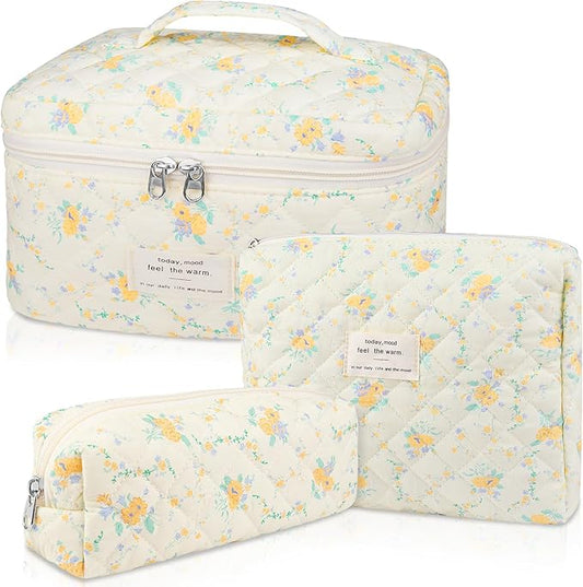 Makeup Bag Set, Quilted Makeup Bag, Large Floral Cosmetic Bag for Women, Cute Cotton Makeup Bag, Flower Travel Toiletry Organizer Bag (Yellow Daylily)