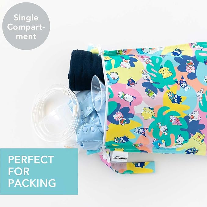 Bumkins Waterproof Wet Bag for Baby, Travel, Swim Suit, Cloth Diapers, Pump Parts, Pool, Beach, Gym Clothes, Toiletry, Hook to Stroller, Daycare, Zipper Reusable Wetdry Packing Pouch, Hello Kitty Luau