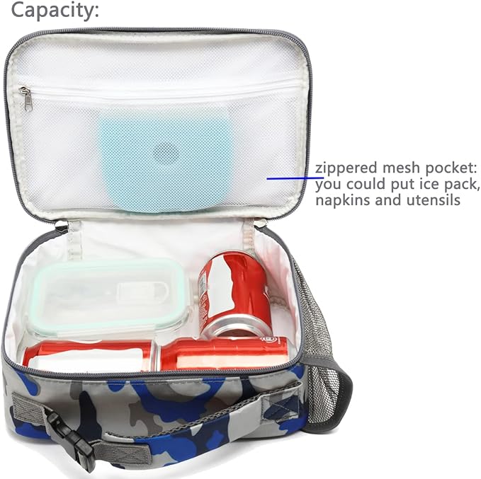 FlowFly Kids Lunch box Insulated Soft Bag Mini Cooler Back to School Thermal Meal Tote Kit for Girls, Boys,Blue Camo