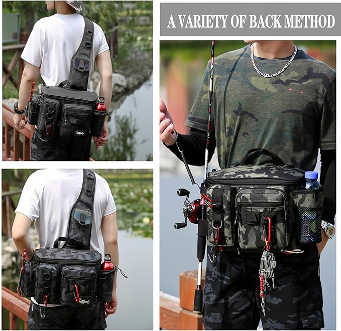 Fishing Tackle Backpack Fishing Fanny Pack Crossbody Bag Fishing Tackle Box Organizer with Rod & Gear Holder, Ideal for Fishing, Camping, Hiking and More!-YIANTU