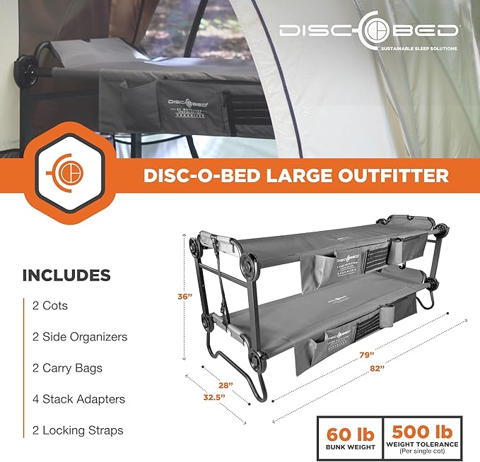Disc-O-Bed Large Outdoor Convertible 2 Person Bench and Double Camping Cot Portable Bed Bunk System for Adults