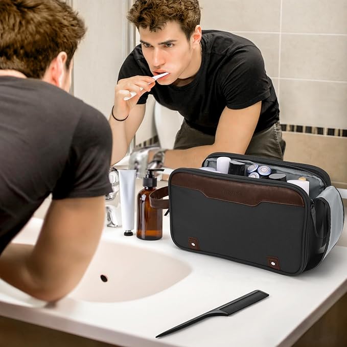 Wedama Toiletry Bag for Men, Large Hanging Travel Toiletry Bag, Extra Electronic Organizer Bag Waterproof Shaving Bag for Toiletries with PU Handle for Travel Business Trips Swim Camping, Grey