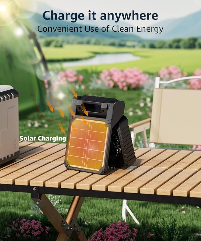 lynker Camping Fan Solar Powered with LED Lantern & Power Bank, Portable Rechargeable Battery Operated, 4 Speeds, 35dB Ultra-Quiet, 8H Timer, Foldable Fan for Tent, RV, Emergency, Hiking (Orange)