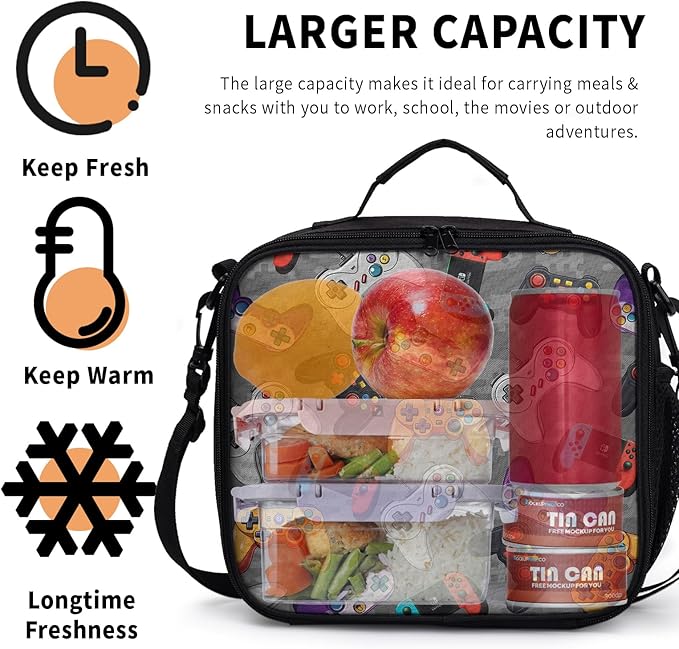 Game Colorful Lunch Bag Gray Gaming Lunch Boxes for Women/Man Office Work Travel School Work Picnic Durable Reusable Insulated Large Lunch Tote Bag with Adjustable Shoulder Strap