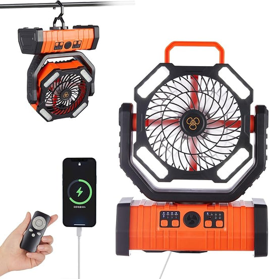 Rechargeable Fan,Operated Camping Battery Powered Fan with Hook&Bright LED Light,Remote Control Timer Auto Oscillation Cordless Outdoor for Power Outage,Picnic,Barbecue,Jobsite,Home,Fishing,Travel