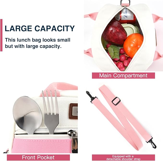 LOKASS Lunch Box for Women-Insulated Adults Lunch Bag with Front Pocket-Small Cute Lunch Tote for Work-Reusable Cooler Bag for Office Picnic Beach or Travel (Pink