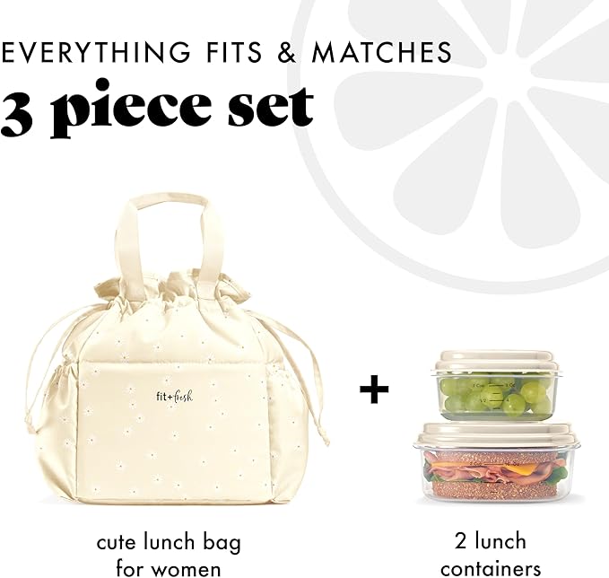 Fit & Fresh Lunch Bag For Women, Insulated Womens Lunch Bag For Work, Stain-Resistant Large Lunch Box For Women With Containers, Cinch Closure Cromwell Bag, Ivory Daisies