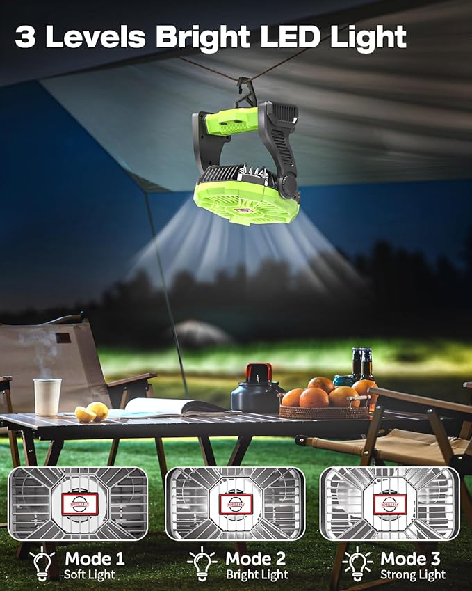 Camping Fan Rechargeable, Cordless Battery Powered Camping Fan with LED Lantern, Hanging Hook, 270°Rotation, 20000mAh Personal Battery Operated for Beach, Picnic, Fishing, Travel, Tent, BBQ