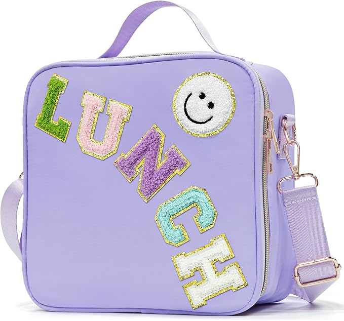 Insulated Lunch Bag Women Lunch Box Kids for Teen Girls Boys, Cute Preppy Lunch Boxes With Adjustable Shoulder Strap, Waterproof Nylon Lunchbox Lunch Bags for School Work Picnic (Purple)