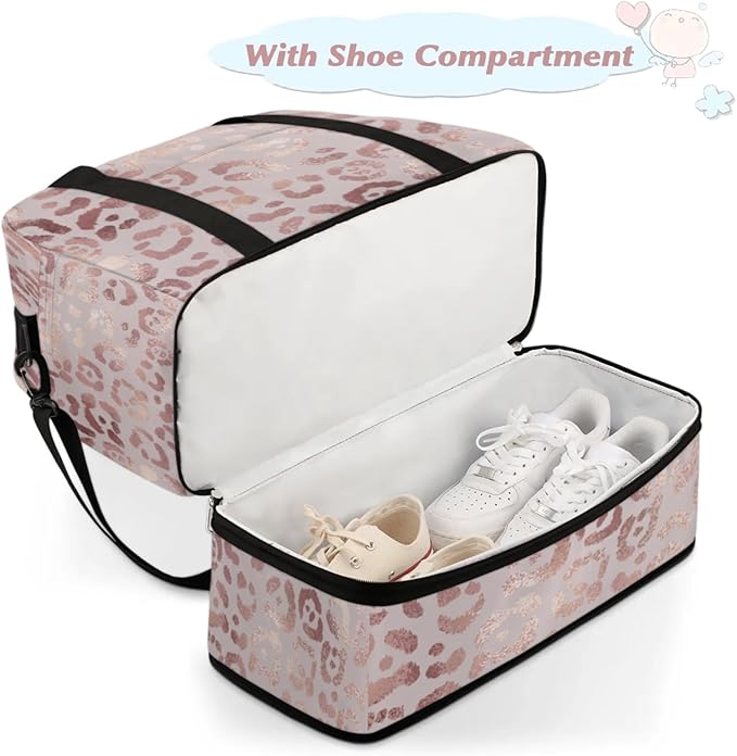 Leopard Print Foldable Travel Duffel Bag, Expandable Sports Gym Bag with Shoes Compartment Weekender Overnight Totes Bags for Women Men