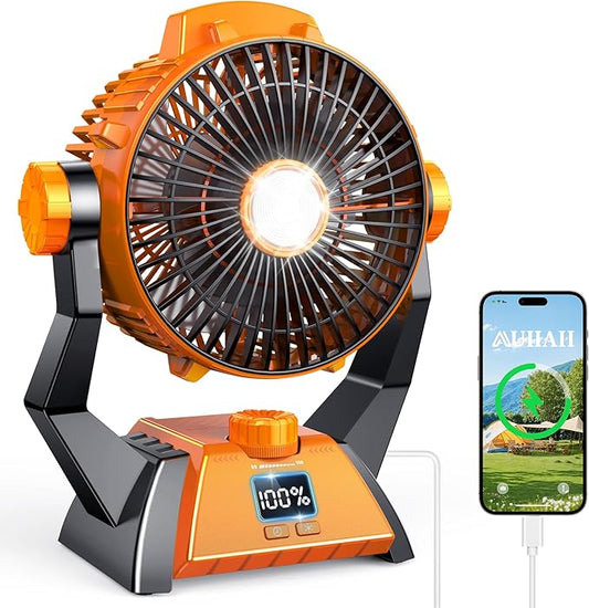 Camping Fan - Rechargeable Portable Battery Powered Camping Fans for Tents with LED Light, Power Display, Timers & 360° Hanging Hook, Ultra Quiet USB Personal Tent Fan for Fishing Travel Home Office