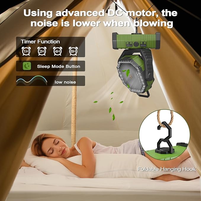 20000mAh Portable Camping Fan with LED Light, Rechargeable Battery Powered Oscillating Fan with Remote & Hook,Timer, 65HRS Running, 4-Speed for Travel, Tent, Room, Car, Picnic, Fishing (Green)