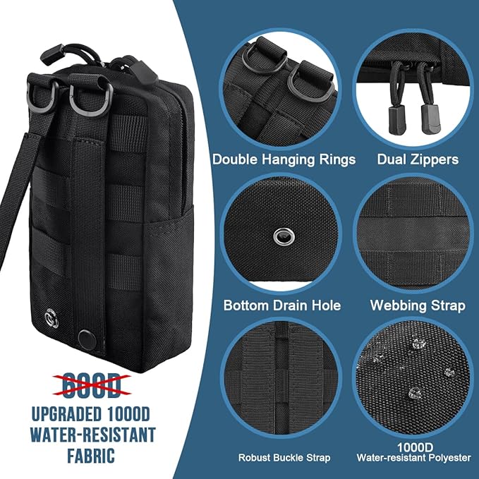 MUCHER 2 Pack Molle Pouches Tactical Pouches EDC Pouch Organizer Molle Bag Utility Pouch with 4 Carabiners for Outdoor Hiking Hunting Camping Training