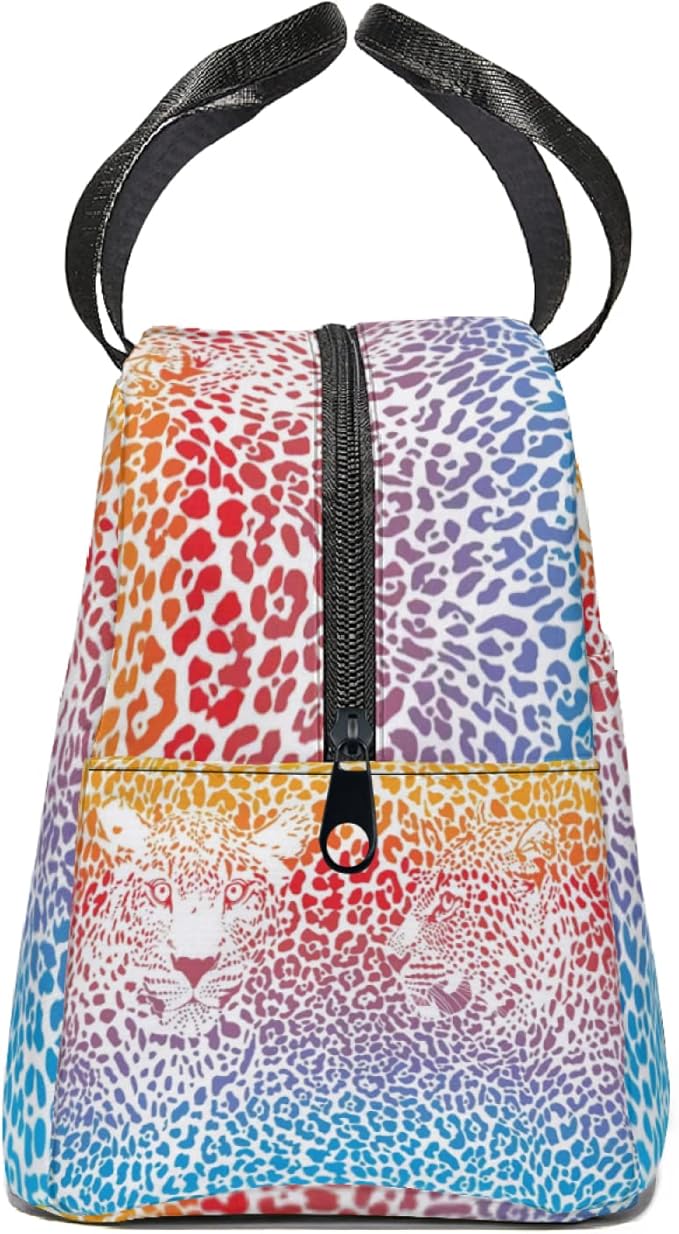 Giwawa Rainbow Leopard Print Lunch Bag for Kids Girls Boys Colorful Cheetah Animal Insulated Lunch Box Reusable Thermal Lunch Cooler Tote Bags with Front Pocket for Men Women Picnic Travel